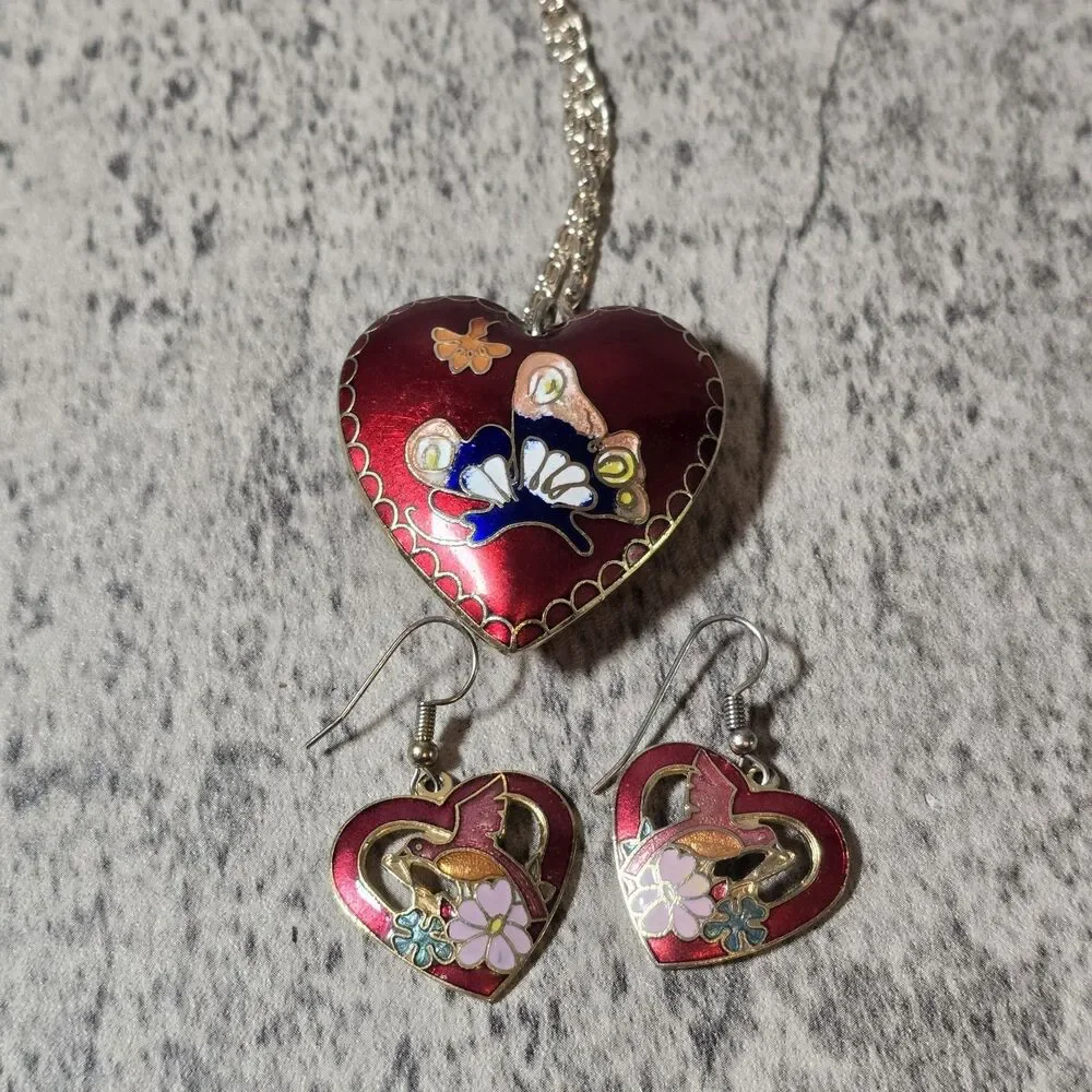 VTG Estate Cloisonné Clamper Butterfly Necklace w/ Pierced Dangle Earrings! 127